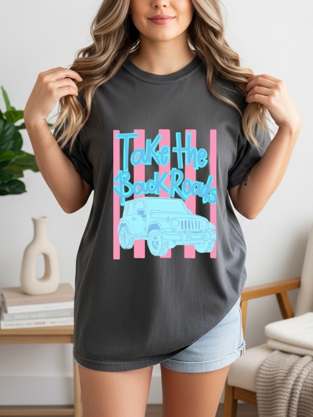 Comfort Colors Charcoal Tee with Pink Stripes & Light Blue Graphic